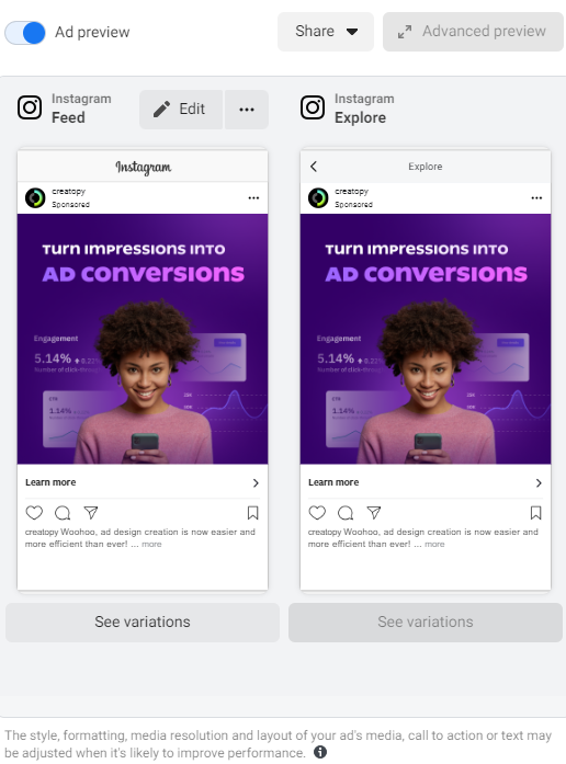 Instagram ads preview